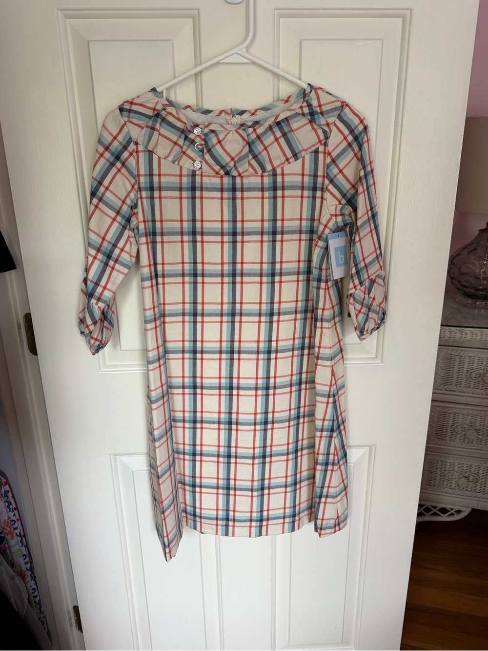 bella bliss Plaid Shift Dress in White, Red & Blue